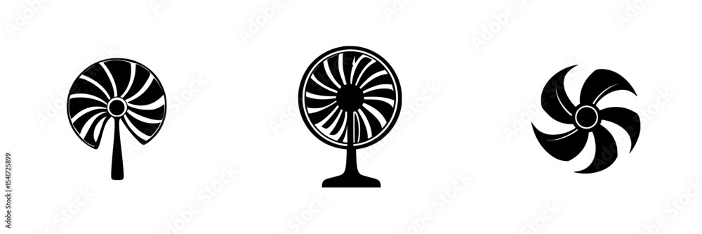 Poster set of black icons depicting various types of fans in minimalist design for use in digital and print
