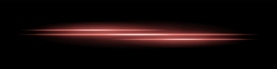 Triple red light streaks with glowing blur and motion trail on black background. Dynamic horizontal laser beams ideal for speed effects, futuristic HUDs, or sci-fi overlays.