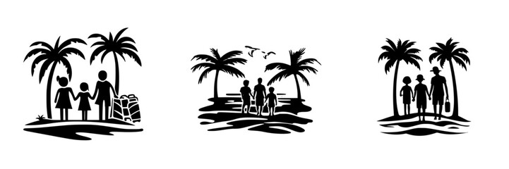 Family enjoying a tropical beach getaway with palm trees at sunset while engaging in leisure activities