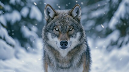 Obraz premium A wolf stands in a snowy forest, its keen gaze sharp against the falling snow.
