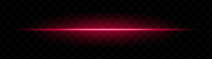 Red horizontal light beam with soft glow and vibrant aura on transparent background. Futuristic laser stripe ideal for energy effects, sci-fi transitions, or glowing overlays.