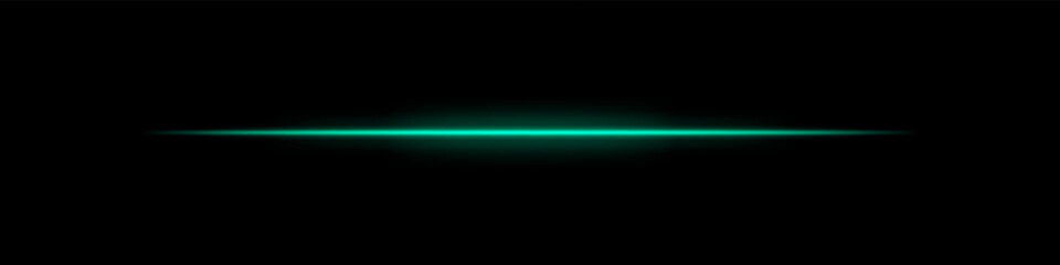 Green horizontal light beam. Bright laser stripe with soft glow and fading edges on dark background. Perfect for sci-fi, transitions, futuristic flares, or abstract light effects.
