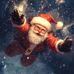Santa Claus in mid-air, surrounded by snow