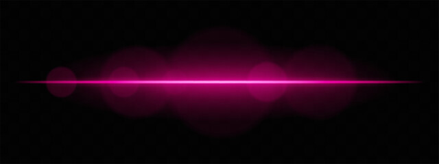 Bright magenta light beam with lens flare circles on dark background. Vivid horizontal glow ideal for futuristic UI, synthwave designs, or neon-inspired transitions.