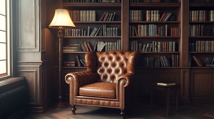 Reading room or library interior with leather armchair bookshelf and floor lamp