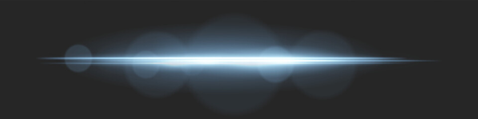Horizontal light beam with intense glow and lens flare circles on black background. Ideal for cinematic transitions, sci-fi UI effects, or dramatic glowing overlays.