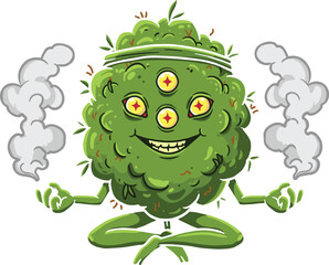 Cheerful Cartoon Marijuana Bud Character Meditating with Smoke, Cannabis Illustration