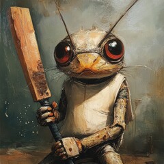 A creature, likely insect-like, wields a cricket bat.  Detailed, textured,  oil painting style
