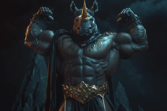 Muscular athlete with a rhinoceros body shows off his biceps.