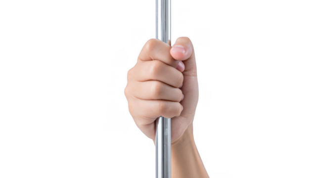 Close up of a hand firmly gripping a vertical metal pole, suggesting security, support, or stability, isolated on a transparent background for easy integration into various projects