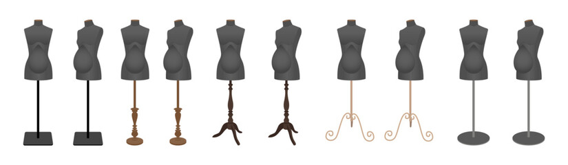 Set of black female dressmaker mannequins with different vintage and modern metal or wooden stands. Vector illustration isolated on white background.