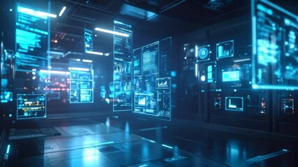 Futuristic server room with multiple interactive displays showing data and code. Blue holographic displays fill the space, showcasing various graphs, charts, and programming languages - Powered by Adobe