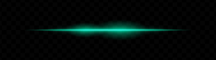 Green horizontal light beam with glowing core and smooth blur edges on transparent background. Ideal for sci-fi transitions, laser HUD elements, or futuristic glow effects.