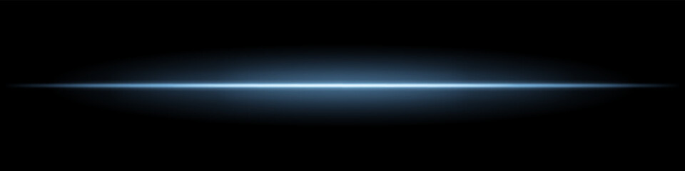 Obraz premium Blue horizontal light beam. Sharp glowing laser line with radiant fade on both sides over dark background. Great for sci-fi, energy visuals, light effects, or futuristic transitions.
