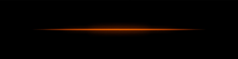 Orange horizontal light beam. Bright laser stripe with soft glow and fading edges on dark background. Perfect for sci-fi, transitions, futuristic flares, or abstract light effects.