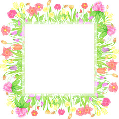 Hand drawn watercolor wildflowers and leaves frame border. Flower of the field isolated on white background. Can be used for postcard, label, scrapbook and other printed products.