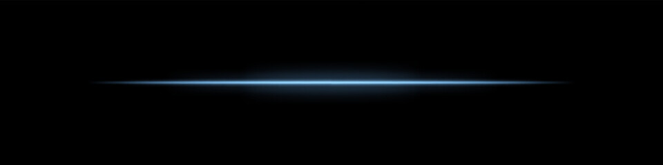 Blue horizontal light beam. Bright laser stripe with soft glow and fading edges on dark background. Perfect for sci-fi, transitions, futuristic flares, or abstract light effects.