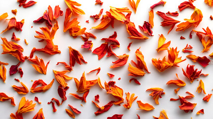 Dried safflower petals scattered across a white background, their orange-red hues adding a vibrant touch to the scene, emphasizing their delicate texture and natural beauty.