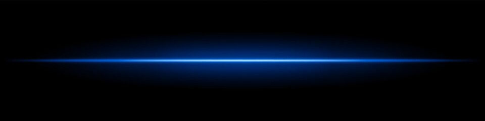 Blue horizontal light beam. Sharp glowing laser line with radiant fade on both sides over dark background. Great for sci-fi, energy visuals, light effects, or futuristic transitions.