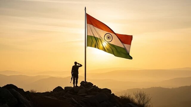 Silhouette of soldier saluting Indian flag on mountain during sunset with dramatic sky