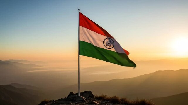 Indian national flag waving on a mountain peak with a scenic sunrise background showcasing patriotism
