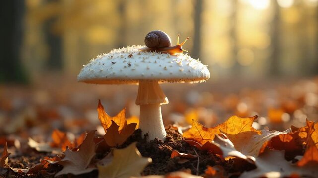 Snail perched on mushroom with peaceful mood among fallen leaves against autumn forest backdrop