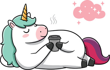  Cute Cartoon Chubby Unicorn Relaxing with Coffee Cup, Adorable Mythical Creature with Sparkle Cloud, Cozy and Dreamy Magical Animal Illustration, Isolated on White Background for Fantasy Designs