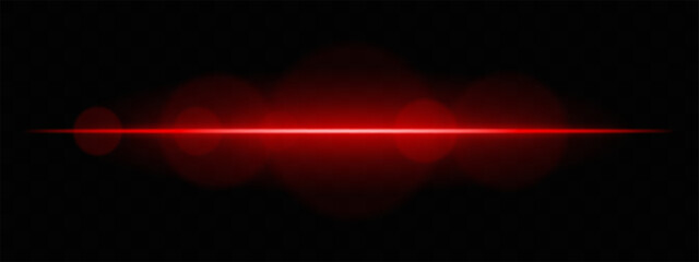 Bright red light beam with lens flare circles on dark background. Vivid horizontal glow ideal for futuristic UI, synthwave designs, or neon-inspired transitions.