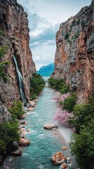 Obraz premium Rocky Canyon River With Waterfall