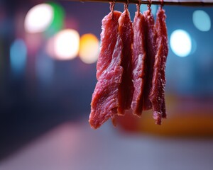 Marinated meat glistening under restaurant lighting
