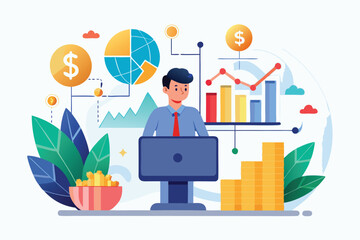 Financial Success Illustration Representing Business Growth and Investment Strategy with Charts, Graphs, and Wealth Accumulation