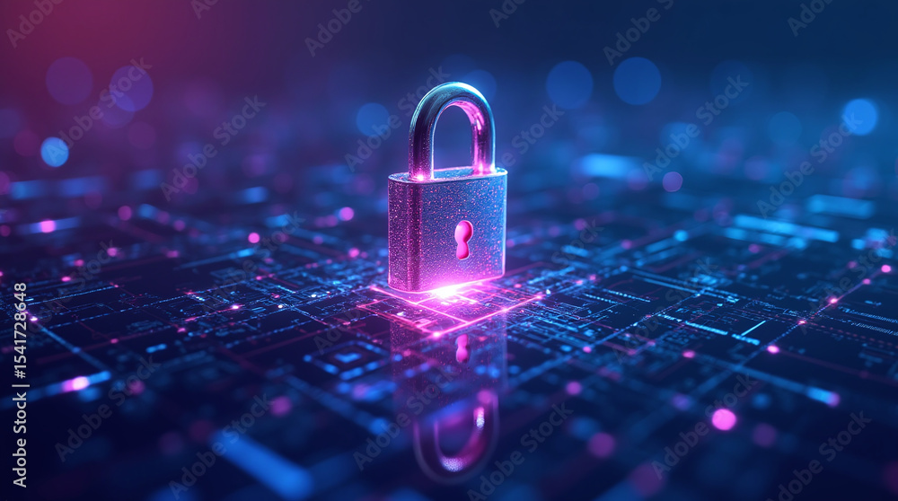 Poster abstract representation of cybersecurity, digital lock floating over glowing network, blue and purpl