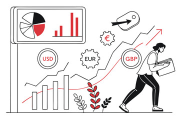 Financial Growth and Global Economy Illustrated with Rising Charts Currency Symbols and a Person Analyzing the Trends
