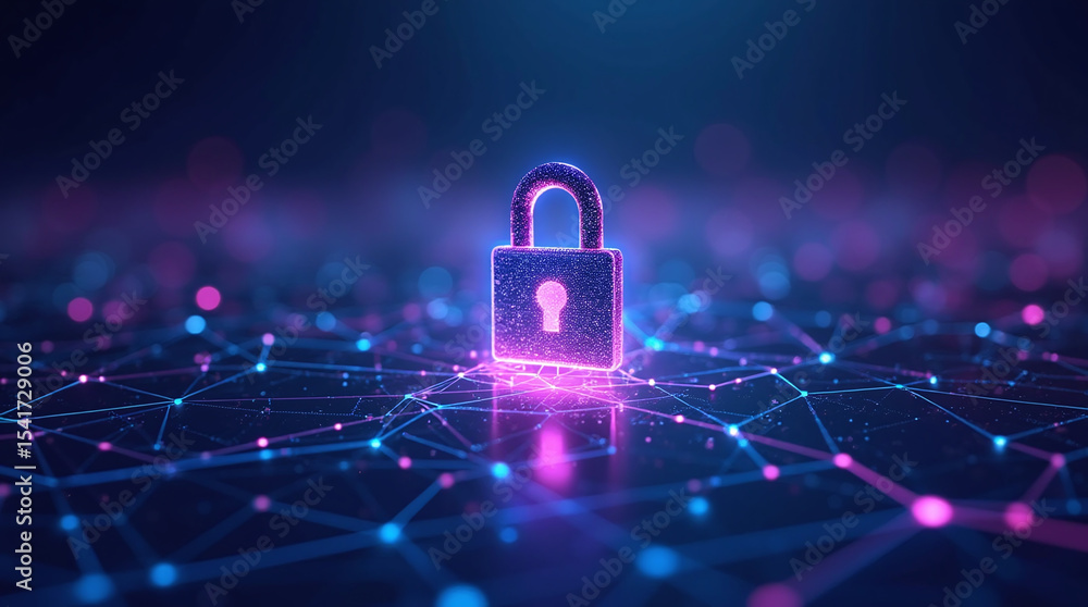 Poster abstract representation of cybersecurity, digital lock floating over glowing network, blue and purpl