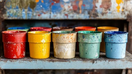 Bright colored powder in cups on the table, background with paint streaks. Suitable for articles about creativity, master classes, in blogs about needlework.