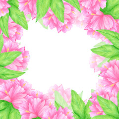 Hand drawn watercolor pink azalea flowers frame border. Flower isolated on white background. Can be used for postcard, album, scrapbook and other printed products.