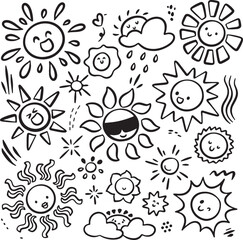 Sun and Flower Vector Doodle, Hand Drawn Nature Sketch