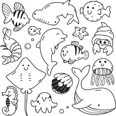 Sea Life Vector Illustration, Fish Dolphin Turtle Ocean Design