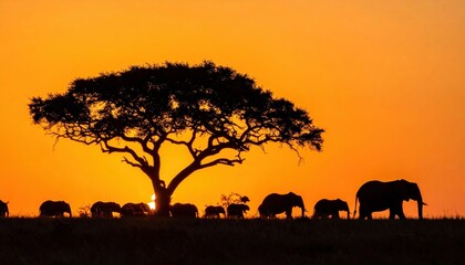 Fototapeta premium Silhouette Elephants Sunset Tree Africa