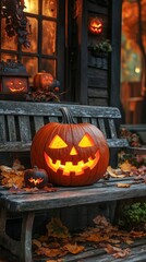 Obraz premium Brightly colored pumpkins on a bench in a fall setting. Suitable for fall holidays and interior decoration.