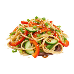 Sesame-dressed noodle salad with red pepper and cucumber