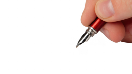 Close up of a hand delicately holding a red pen with a silver nib, poised to write against a transparent background, ready for creative expression or official documentation