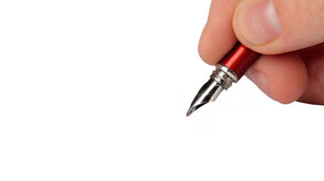 Close up of a hand delicately holding a red pen with a silver nib, poised to write against a transparent background, ready for creative expression or official documentation