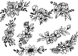 Corner Flower Frame Sketch, Hand Drawn Floral Line Art, Decorative Leaf Ornament, Elegant Botanical Corner Pack, Monochrome Doodle Set