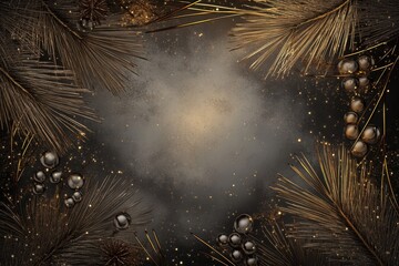 Fototapeta premium Elegant Gold and Black Holiday Background with Pine Branches and Berries.