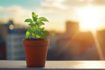 Fresh mint plant growing in a terracotta pot at sunset nature photography urban garden natural light close-up view for home decor