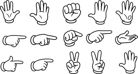 Set of Diverse Cartoon Hand Gestures, Various White Gloved Hands Pointing, Showing Open Palm, Fist, and Victory Signs, Isolated on White Background for Communication and UI Designs
