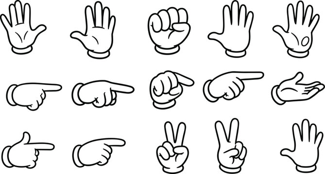 Set of Diverse Cartoon Hand Gestures, Various White Gloved Hands Pointing, Showing Open Palm, Fist, and Victory Signs, Isolated on White Background for Communication and UI Designs