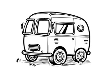 Van for travel and tourism. House on wheels, hand drawn, black and white doodle. Vector illustration on white background