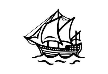 Ship, black and white drawing. Pirate ship, hand drawn. Vector on white background